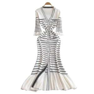 Spring Summer French Women’s Casual Dress Simple Striped V-Neck Slim Empire Waist Sweet with Button Decoration