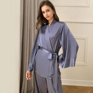 Spring Summer Ladies Satin Loungewear Long Sleeved Pajama Pants Sets for Women