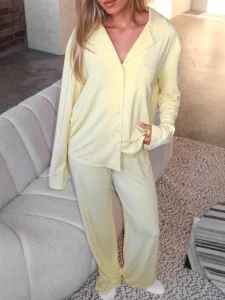 Spring Summer Loungewear Set Button up Collar Shirt and Pants Loose Fit 2 Piece Women’s Pajamas Soft Casual Pajamas