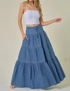 Spring Summer Low Waist Distressed Resort Style Tiered Versatile Long Denim Skirt with Slight Stretch Casual Streetwear Style
