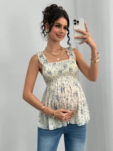 Spring & Summer Maternity Wear Printed Camisole Maternity Tops Square Neck A Line Maternity Vests