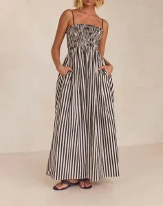 Spring Summer Maxi Striped Smocked Elastic Off the Shoulder Neckline Side Pockets Spaghetti Straps Vintage Style Loose Fit Dress