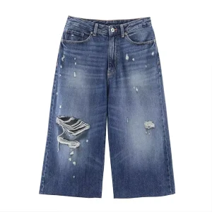 Spring Summer New Fashion Mid Waist Ripped Denim Shorts Retro Solid Color Casual Women’s Shorts