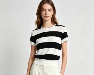Spring Summer New Women’s Short Knit Top Black & White Stripe O-Neck Short Sleeve Mulberry Silk Cotton