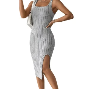 Spring Summer Ribbed Slit Spandex Bodycon Tank Midi Dress Women Solid Color Sleeveless Knitwear
