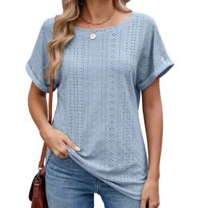 Spring Summer Solid Color Neck Short Sleeve Loose Casual T-Shirt Plain Dyed