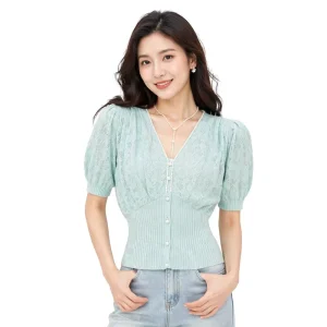 Spring Summer Thin Breathable Solid Color V-neck Short Sleeve Jumper French Fashion Button Knitwear Women’s Sweaters