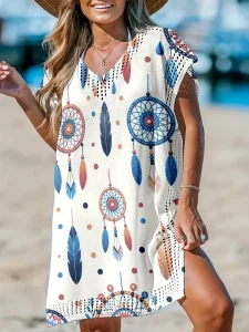 Spring Summer Vacation Style Knee Length Hollow out Bohemian Indian Ethnic Printed Loose Lazy Women’s Knitted Cardigan Maxi