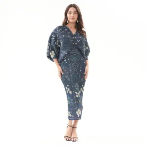 Spring Summer Women’s Casual Plus Size Long Dress Print Miyake Pleated Chest Loose Batwing Sleeve V-Neck Africa Women Dress