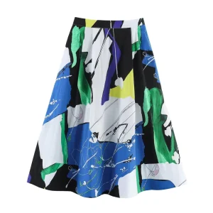 Spring Summer Women’s Casual Versatile High-Waisted Printed Pleated Midi A-Line Skirt 2491142