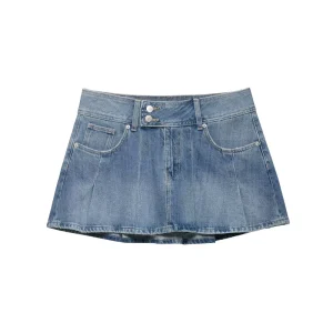 Spring Summer Women’s Casual Wide Pleated Skirt Design Zipper Mid Waist Denim Short Skirts Standard FitJeans Vestidos
