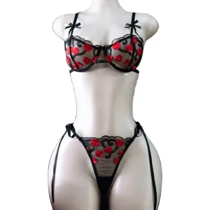 Spring Summer Women’s Fun Three Point Bra Lace Up Thong Set Sexy Hollow Out Lace Nylon Sheer Underwear