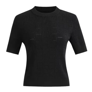 Spring Summer Women’s Round Neck Star Hollow Out Short Sleeve Thin T Shirt Knitted Top with Unique Design