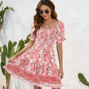 Spring Summer Women’s Satin Floral Print Natural Waist Vintage Knee Length Bohemian Leisure Resort Travel Dress