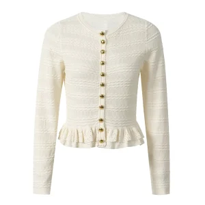 Spring Summer Women’s Slim Fit Crew Neck Ruffled Short Single Breasted Knitted Cardigan