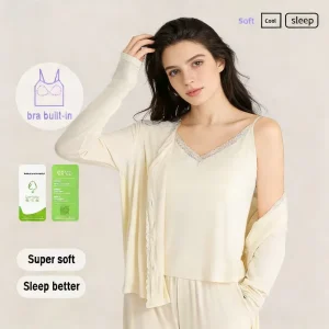 Spring Summer Women’s Soft Breathable V neck Lace Fabric Casual Fashion Three piece Loungewear Set Long Sleeves