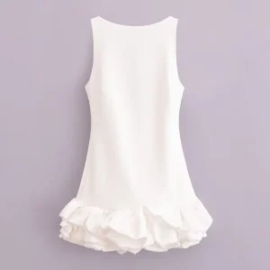 Spring Summer Women’s White Sleeveless Short Ruffle Dress for European American Cross-Border Casual