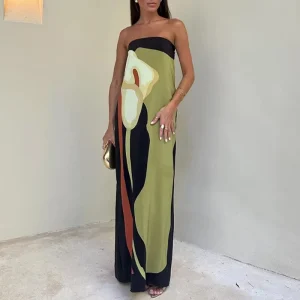 Spring Vintage Leisure Women’s Fashion Sleeveless Strapless Tube Top Sexy Backless Printed Long Dress Polyester