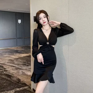 Spring White Black Long-sleeved Deep V-neck Tie One-piece Women’s Jumpsuit For Party