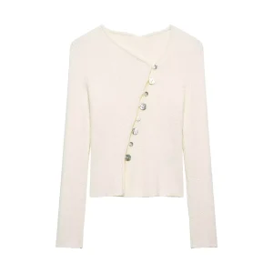 Spring Women’s Clothing Simple Fashion Slim Fit Asymmetrical Button Knit Cardigan Coat 4938019