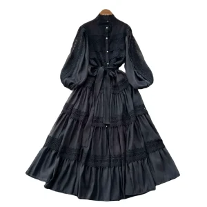 Spring Women’s Dress With Tie waist Puff Sleeves and Lace Panels Elegant Long Dress Ladies Clothes