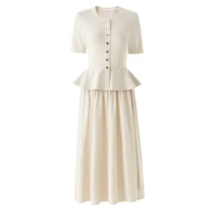 Spring Women’s Elegant Style O-Neck Short Sleeve Ruffles Casual A-Line Natural Solid Knit Maxi Dress