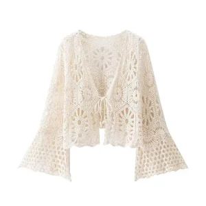 Spring Women’s Fashion Hollow out Knit Cardigan Sweater Retro V neck Flared Sleeve Casual Women’s Sweater