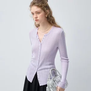 Spring Women’s Fine Silver Button Wool Knit Top Dark Gray V-Neck Casual Blouse Ins Style Elegant Knitwear