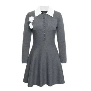 Spring Women’s Gray Knit Dress – Contrast White Peter Pan Collar Detachable Flower Brooch A-Line Casual Party Dress