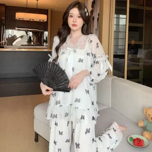 Spring Women’s Long Sleeve Mesh & Lace Pajama Set Sweet Princess Style Loose Loungewear Breathable Homewear for Casual Wear