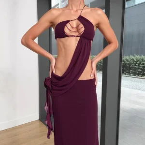 Spring Women’s Open Waist Sexy Wrapped Chest Bead Chain Flower Slanted Shoulder Strap Dress