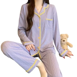 Spring Women’s Pajamas Luxurious Purple Flattering Long sleeve Simple And Soft Loungewear Set