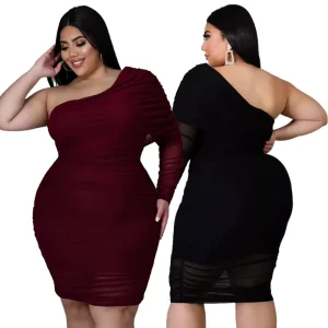 Spring Womens Plus Size Clothing Double Layer Mesh Pleated One Sleeve Oblique Shoulder Dress