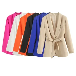 Spring Women’s Retro Versatile Belt Embellished Long Sleeved Blazer 2310187 7781