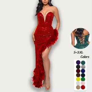 Spring Women’s Romantic Dress Off Shoulder Slit Long Dress Sequin Strapless Strapless Feather Open Back Evening Dress