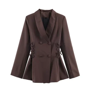 Spring Women’s Stylish Slim Fit Patchwork Tie Waist Double Breasted Long Sleeve Blazer 250870