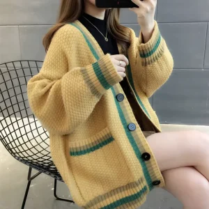 Spring Women’s Thick Knitted Cardigan Sweater with Button Closure Geometric Pattern V Neck Autumn Fashion Outerwear