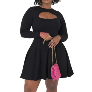 Spring XL-5XL Plus Size Women’s Clothing Ladies Cut Out Long Sleeve Black Mini Dresses