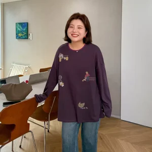 Spring and Autumn Fun Comfortable Slippery Casual Printed Loose Long Sleeve Large Women’s T-shirt