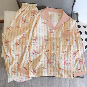 Spring and Autumn Long sleeved Cardigan Buttoned Design Two piece Pajama Set with Cute Printed Home Wear