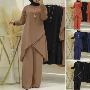 Spring and Autumn Muslim Two Piece Set Long Sleeve O Collar Shirt Wide Leg Pants Suit Casual Women’s