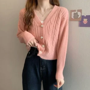 Spring and Autumn New Fashion Cable Knit Solid Color Designer Sweater Cardigan Women’s Loose Versatile Knit Jacket Sweater