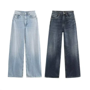 Spring and Autumn New Fashion Solid Color Denim Straight Leg Pants Retro High Waist Casual Women’s Trousers