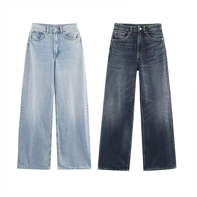 Spring and Autumn New Fashion Solid Color Denim Straight Leg Pants Retro High Waist Casual Womens Trousers