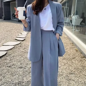 Spring and Autumn New Suit Fashion Casual Solid Color Long Set 2 Piece Professional Women’s Suit