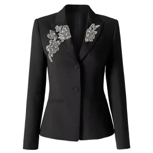 Spring and Autumn Women’s Black Two-Button Beaded Suit for Formal
