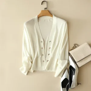 Spring and Autumn Women’s Clothing Knitted Tops Loose Coat V neck Long Sleeve Women’s Pure Wool Knitted Sweater Cardigan