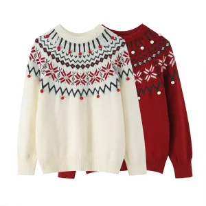 Spring and Autumn Women’s Clothing New Fashion Jacquard Pullover Sweater Retro Round Neck Casual Women’s Top