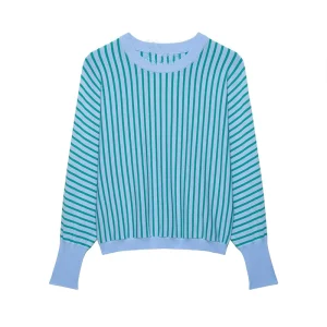 Spring and Autumn Women’s Clothing New Fashion Striped Knit Sweater Retro Round Neck Long Sleeve Casual Top