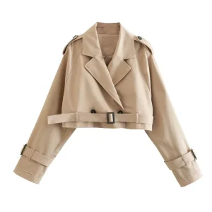 Spring and Autumn Women’s Vintage Streetwear Double Breasted Trench Coat with Long Sleeves Belted Cropped Jacket